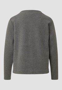 Gray long-sleeve sweater, featuring a round neck and smooth texture, with a mid-length hem and no visible fasteners or patterns.