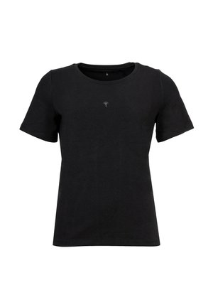 Zwarte korte mouwen t-shirt van katoen, met een ronde halslijn en een klein geborduurd ontwerp bij het borstgebied.