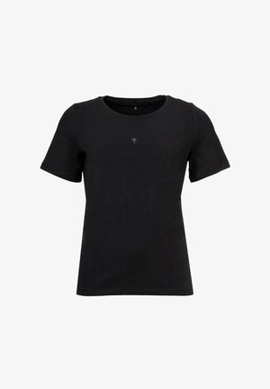 Zwarte korte mouwen t-shirt van katoen, met een ronde halslijn en een klein geborduurd ontwerp bij het borstgebied.