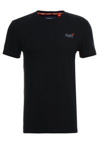 Černé bavlněné tričko s krátkými rukávy a kulatým výstřihem, s malým logem Superdry na hrudi a červeným akcentem uvnitř límce.