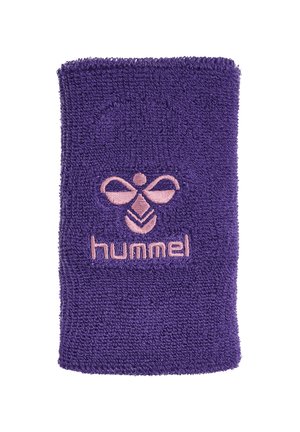 Fascia da polso in spugna viola con logo ape ricamato in rosa e nome del marchio "hummel" centrato sul davanti.
