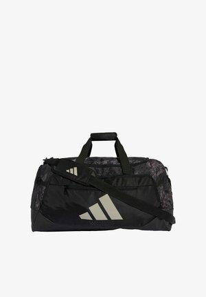 Black duffle bag with a textured dark gray top, featuring a large Adidas logo in light gray, dual handles, and an adjustable shoulder strap.