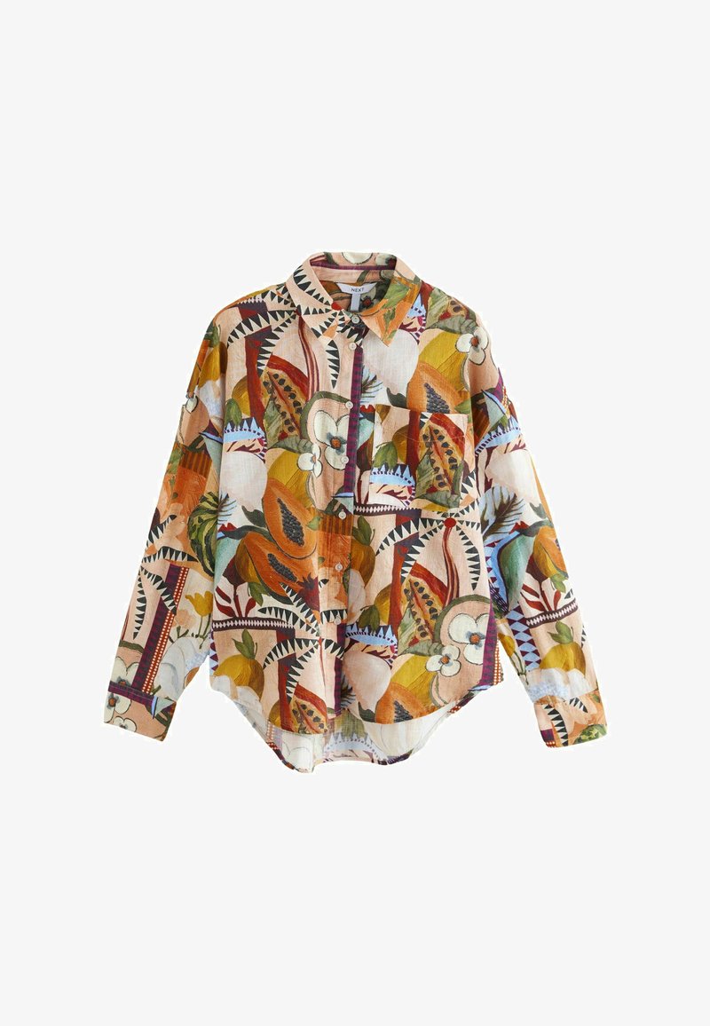Mehrfarbiges Hemd mit Knopfleiste und einem tropischen Blumenmuster, das in den Farben Orange, Grün und Blau gehalten ist und aus leichtem Stoff gefertigt wurde.