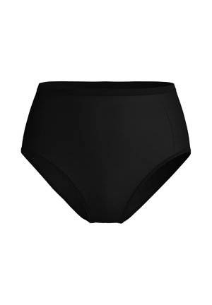 Hoge taille zwarte zwemonderdelen van rekbare stof, met een gladde rand, een effen kleurontwerp en een gematigd dekkende vorm.