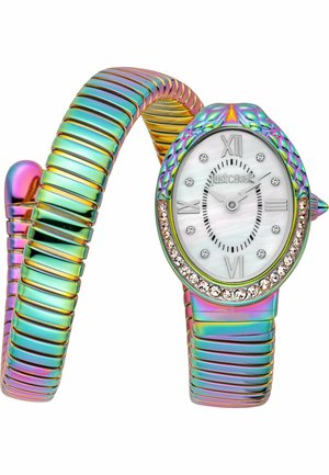 Slangeformet iriserende armbåndsur med snoet rem, krystal-timeskiver, romerske tal og perlemorsskive, der viser kl. 2:10.
