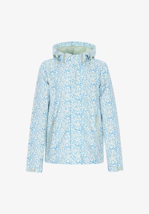 Lett, vandtæt jakke med blomstermønster i nuancer af blå på en hvid baggrund, med hætte og lynlås fortil.