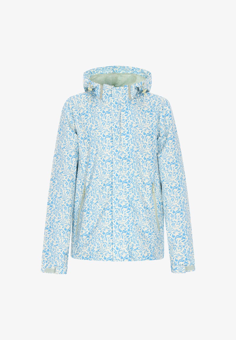 Jachetă impermeabilă ușoară cu un model floral în nuanțe de albastru, pe un fond alb, având glugă și fermoar frontal.