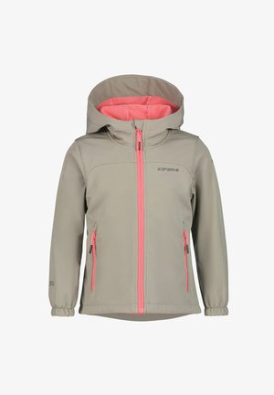Giacca grigia chiara con cappuccio foderato in pile rosa, chiusura frontale con zip e due tasche laterali con zip. Polsini elasticizzati e branding discreto.