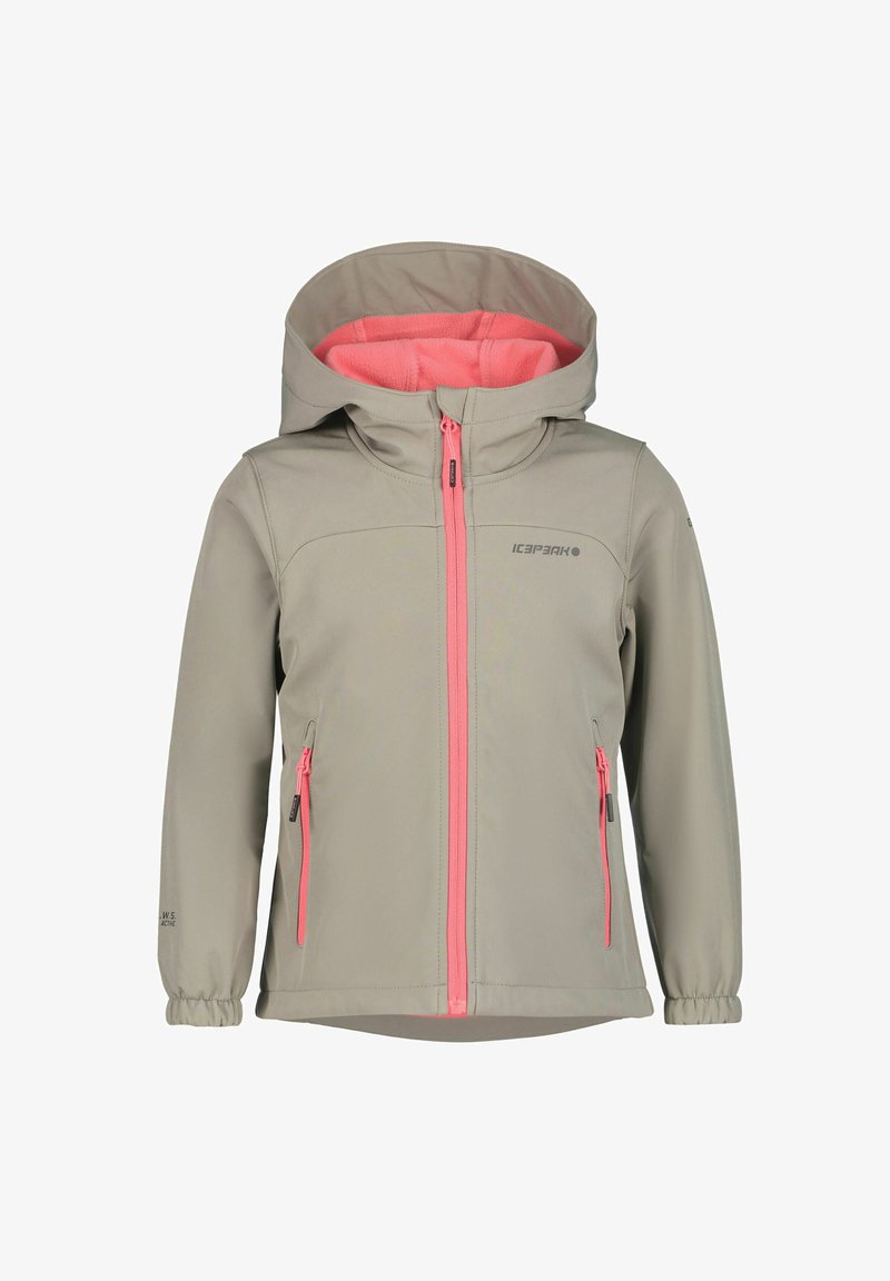 Chaqueta gris claro con capucha forrada de polar rosa, cremallera frontal y dos bolsillos laterales con cremallera. Puños elásticos y marca discreta.