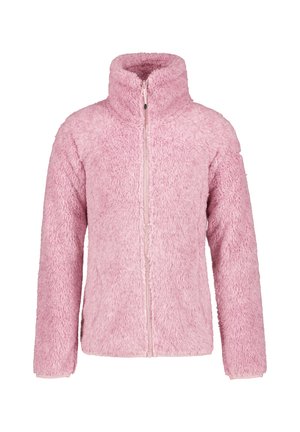 Soft pink full-zip fleece jacket with long sleeves and a stand-up collar, designed for warmth and comfort.