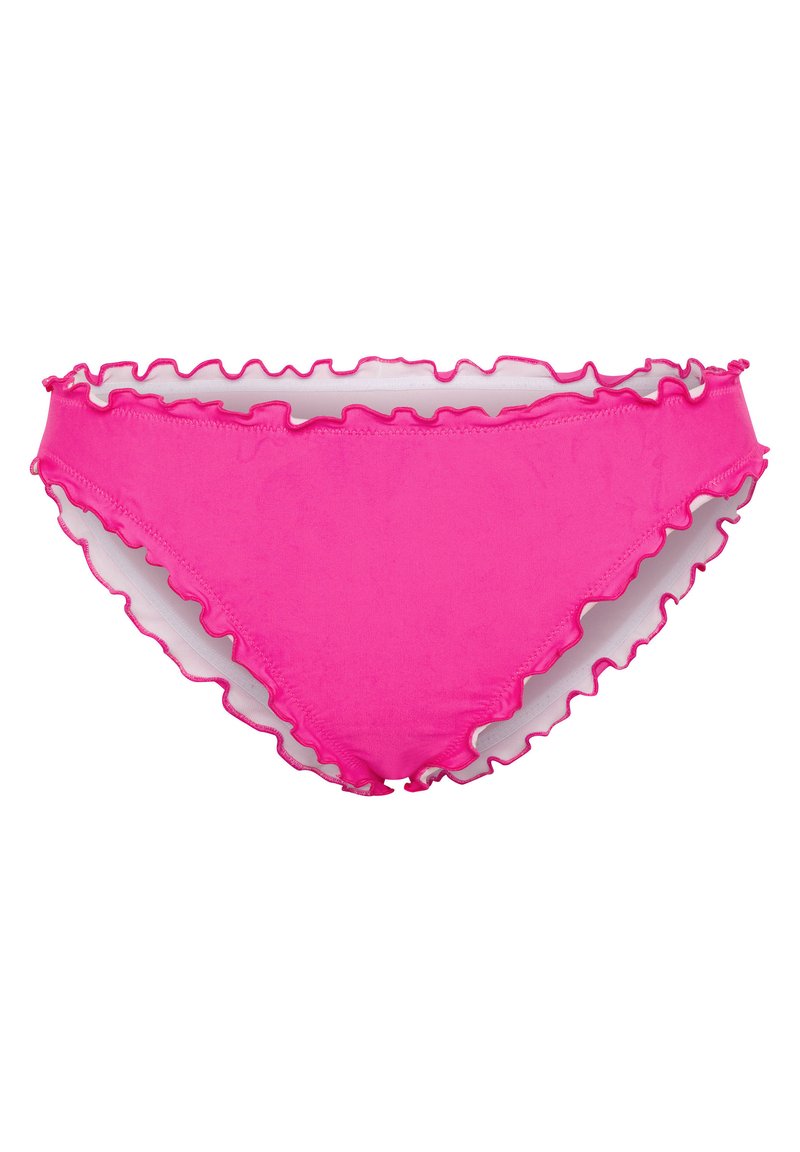 Bas de bikini rose vif avec des bords ondulés et froncés, et doublure blanche, présenté à plat sur un fond blanc.