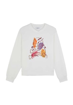Weißes Sweatshirt mit einem farbenfrohen Motiv eines Schädels und gekreuzter Knochen in Orange, Lila und Braun, mit weicher Textur und lässigem Schnitt.