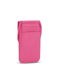 Pouch per telefono in pelle rosa con superficie liscia, tracolla intrecciata regolabile e tasche frontali per schede. Forma compatta con bordi arrotondati.