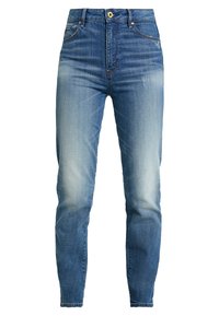 Ljust blå denimjeans med en blekt finish, hög midja, slim fit och femficksdesign. Har guldknapp och subtila slitningar.