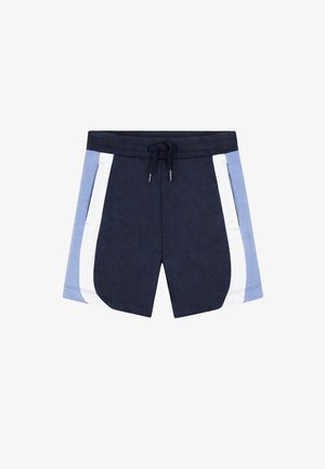 Pantaloncini blu navy con pannelli laterali azzurri e bianchi, cintura elastica e chiusura frontale con coulisse.