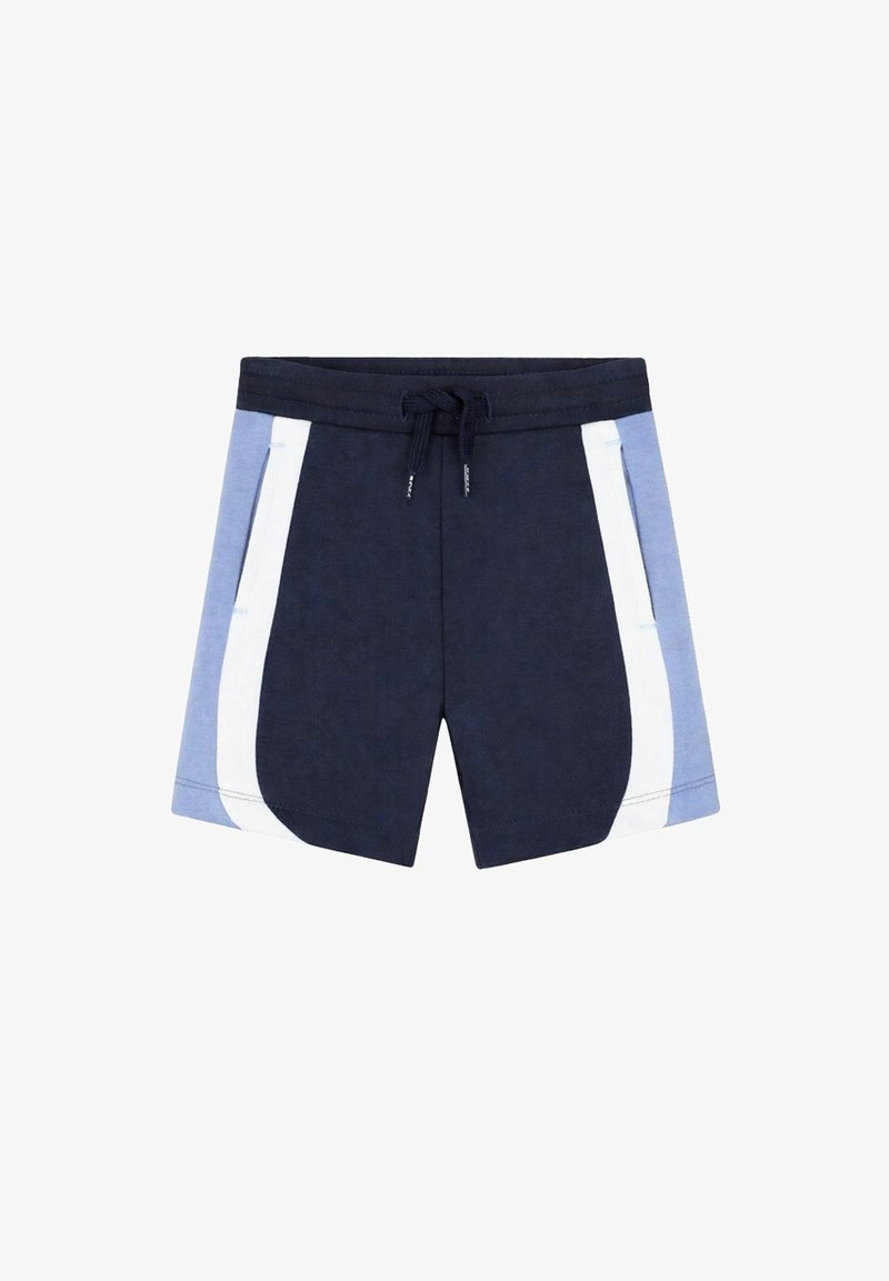 Shorts bleu marine avec panneaux latéraux bleu clair et blanc, taille élastique et fermeture à cordon à l'avant.