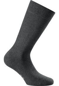 Dunkelgraue Crew-Socke aus einem glatten, dehnbaren Stoff. Verfügt über eine verstärkte Ferse und Zehe sowie einen gerippten Bündchen am oberen Ende.