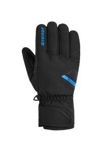 Black winter glove with blue accents, featuring a quilted design, elastic wrist, and a leather-like palm for grip and durability.