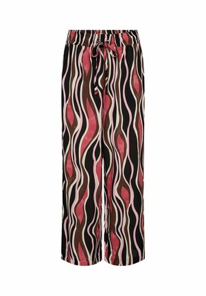 Weite Hosen mit elastischem Bund und Kordelzug, versehen mit vertikalen, wellenförmigen Streifen in Schwarz-, Braun-, Pink- und Rottönen.