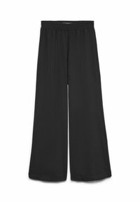 Pantalons noirs à jambes larges avec une taille élastique, fabriqués en tissu doux. Dotés d'une texture lisse et d'une coupe ample, tombant jusqu'aux chevilles.