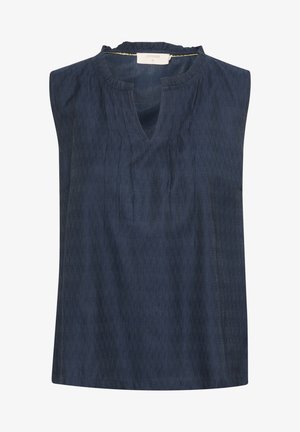 Top bez rukávov v navy farbe s výstrihom do V, nariaseným golierom a vertikálnou textúrou. Jednoduchý dizajn bez viditeľných zapínaní alebo ozdôb.