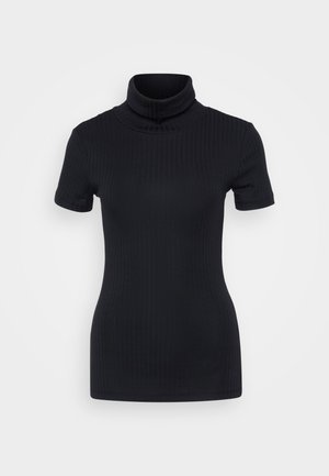 Schwarzes geripptes Rollkragenoberteil, kurze Ärmel, figurbetontes Design, weiche Textur, minimale Nähte und ein hoher Kragen.