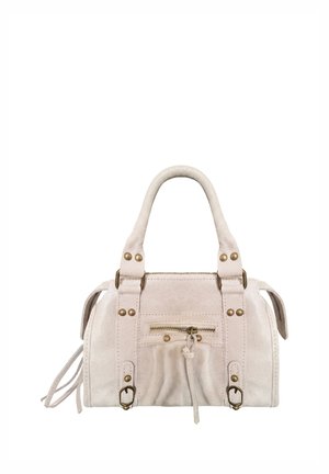 Kleine beige leren handtas met dubbele handgrepen, voorvak met ritssluiting en kwastje, messing studs en zijgesp details.