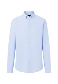 Chemise bleu clair à manches longues avec fermeture à boutons, col boutonné et petit logo brodé sur la poitrine gauche.