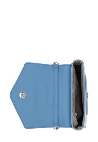 Blue leather wallet with a structured hexagonal design, textured exterior, silver hardware, and a fabric-lined interior showcasing a subtle pattern.