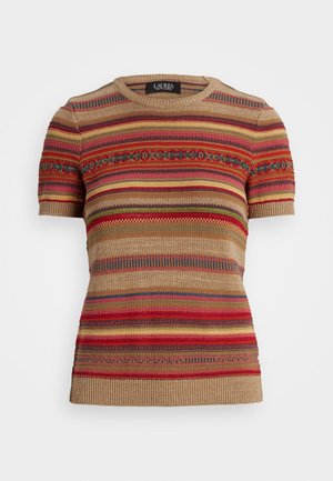 Pull en maille à manches courtes avec des rayures horizontales dans des tons beige, rouge, vert et bleu, avec un col rond.