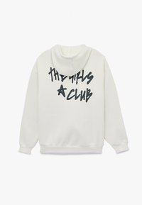 Sudadera con capucha de tejido blanco que presenta el texto negro "THE GIRLS A CLUB" en la parte posterior. Textura suave, puños y dobladillo acanalados.