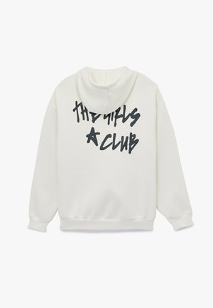 Wit hoodie van stof met zwarte tekst "THE GIRLS A CLUB" op de achterkant. Zachte textuur, geribbelde manchetten en zoom.