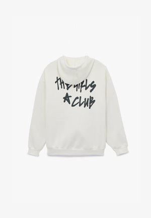 Wit hoodie van stof met zwarte tekst "THE GIRLS A CLUB" op de achterkant. Zachte textuur, geribbelde manchetten en zoom.