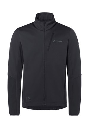 Schwarze Softshell-Jacke von Vaude mit hohem Kragen, langen Ärmeln und einem Frontreißverschluss. Sie verfügt über einen strukturierten Stoff und dezente Branding-Details.