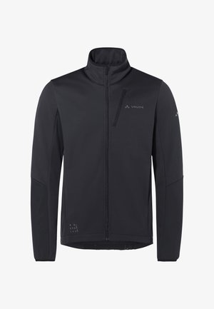 Schwarze Softshell-Jacke von Vaude mit hohem Kragen, langen Ärmeln und einem Frontreißverschluss. Sie verfügt über einen strukturierten Stoff und dezente Branding-Details.