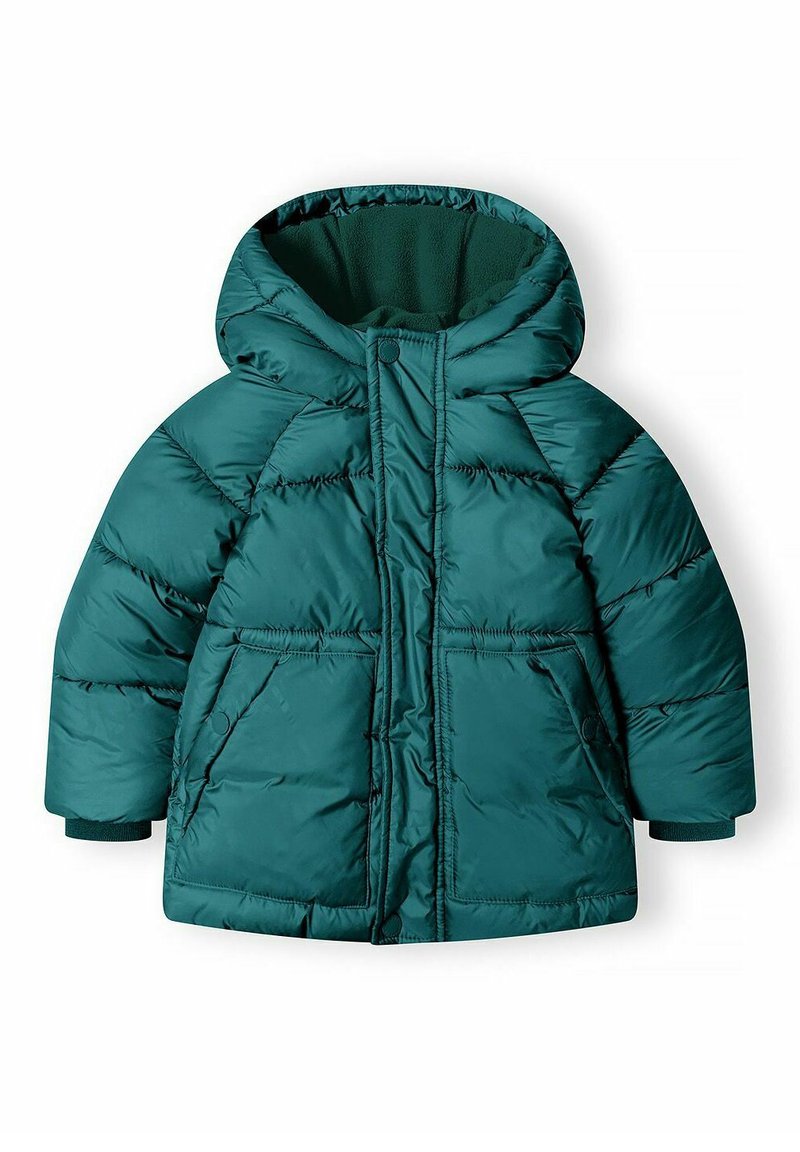 Teal puffer jakna s kapuljačom, dugmadi na kopčanje i dva prednja džepa. Ima kviltani dizajn i rebraste manžete za dodatnu toplinu.