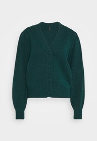 Turkusowy sweter z dzianiny z dekoltem w serek, ściągaczem przy mankietach i sześcioma dopasowanymi guzikami z przodu. Miękka faktura z lekko skróconym krojem.