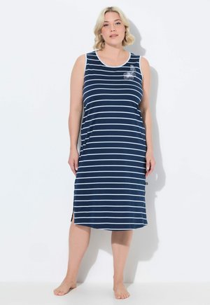 Vestito senza maniche blu navy con righe orizzontali bianche, dotato di scollatura rotonda e spacchi laterali. Decorato con ricami floreali.