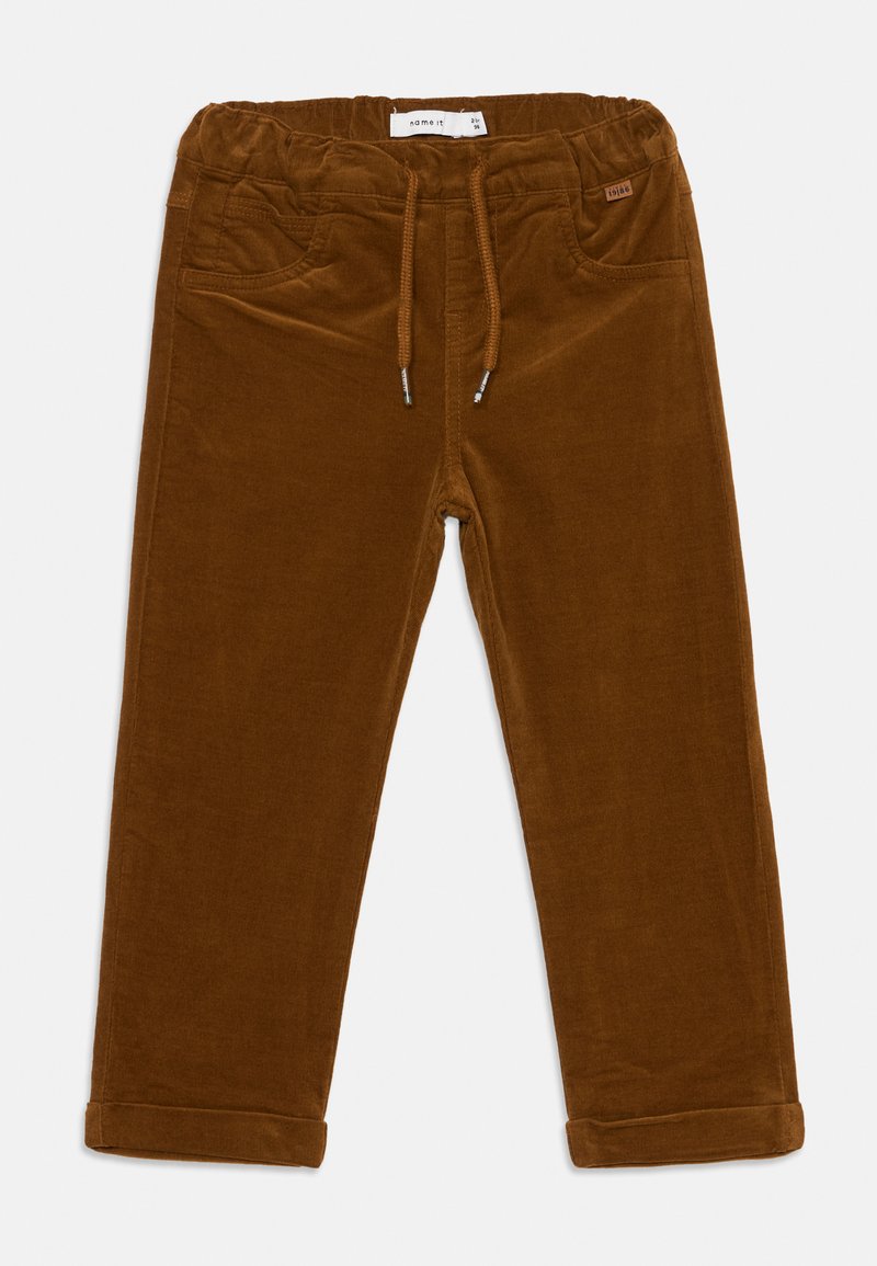 Braune Cordhosen mit einem elastischen Bund, Kordelzugdetails und umgeschlagenen Säumen. Sie verfügen über zwei Fronttaschen und eine weiche Textur.