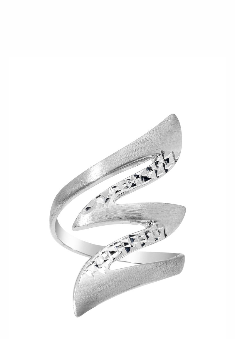 Bague en argent avec un design ondulé, présentant une finition brossée et une rangée d'accents facettés encadrés par une bordure lisse.