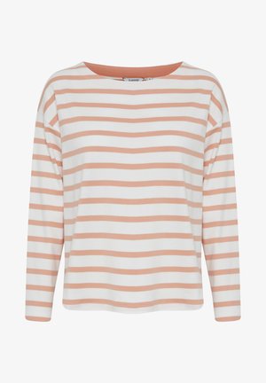 Ribade pikkade varrukatega topp valge ja helesinise triibuga, millel on lai ümmargune kaelus, pehme kangas ja lõdvestunud istuvus.