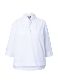 Blusa bianca con colletto, apertura parziale, maniche a tre quarti e orlo curvo. Tessuto liscio con una finitura leggera.