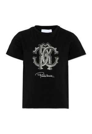 T-shirt noir à manches courtes avec logo composé de lettres entrelacées ornées de strass blancs et la signature "Roberto Cavalli" en dessous.