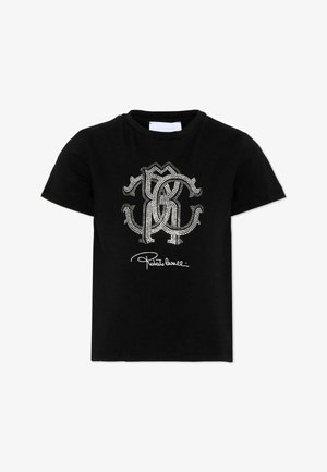 T-shirt noir à manches courtes avec logo composé de lettres entrelacées ornées de strass blancs et la signature "Roberto Cavalli" en dessous.