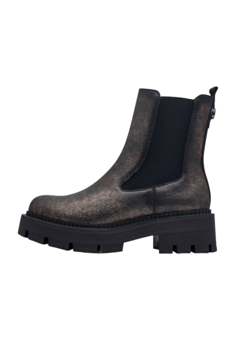 Bottines noires et bronze avec une semelle épaisse, des panneaux latéraux élastiques et une finition pailletée texturée. Conçues avec une languette à l'arrière.