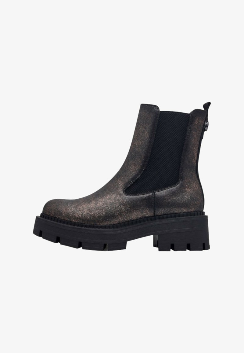 Black and bronze ankle boots featuring a chunky sole, elastic side panels, and a textured glitter finish. Designed with a pull tab on the back.