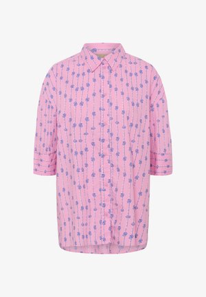 Roosa lühikeste varrukatega särk, millel on sinine vertikaalne lillemuster ja terav krae.