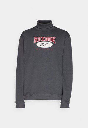 Felpa grigia a collo alto realizzata in morbido cotone, con il logo Reebok rosso e bianco centrato sul petto. Polsini e orlo a coste.