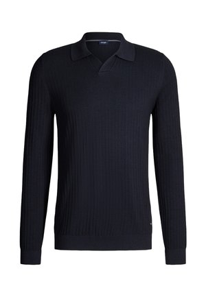 Black long-sleeve polo sweater with a ribbed texture, a V-neck design, and a classic collar. Features a subtle logo detail at the hem.