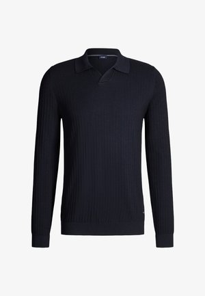Black long-sleeve polo sweater with a ribbed texture, a V-neck design, and a classic collar. Features a subtle logo detail at the hem.